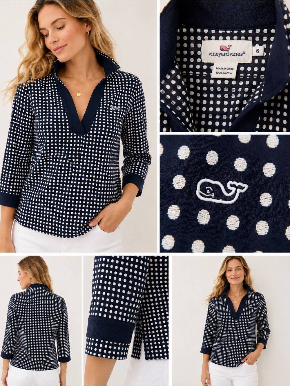 Vineyard Vines Navy and White Polka Dot V-Neck Top